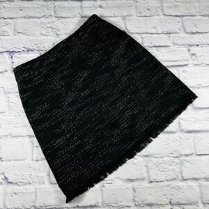 Loft Black White Tweed Mini Skirt Fringed Hem Lined Size 2 Office Career Evening